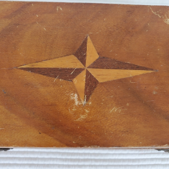 Star Inlay Wooden Box Hinged Lid 9.5" Handmade Red Velvet Lined Jewelry Trinket - Picture 6 of 13